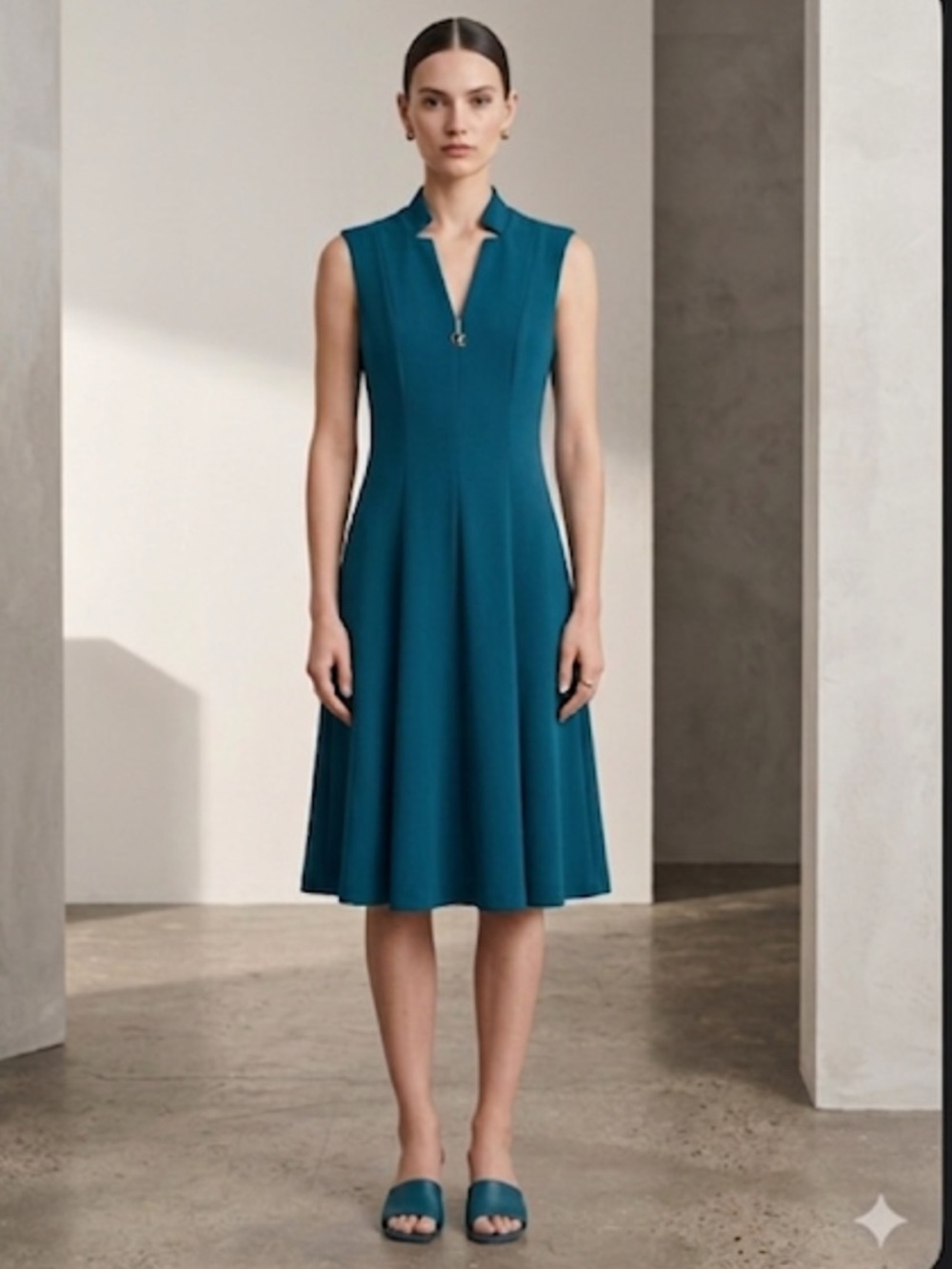 NWT Calvin Klein Teal Sleeveless Fit & Flare Dress Gold Zip Size 2